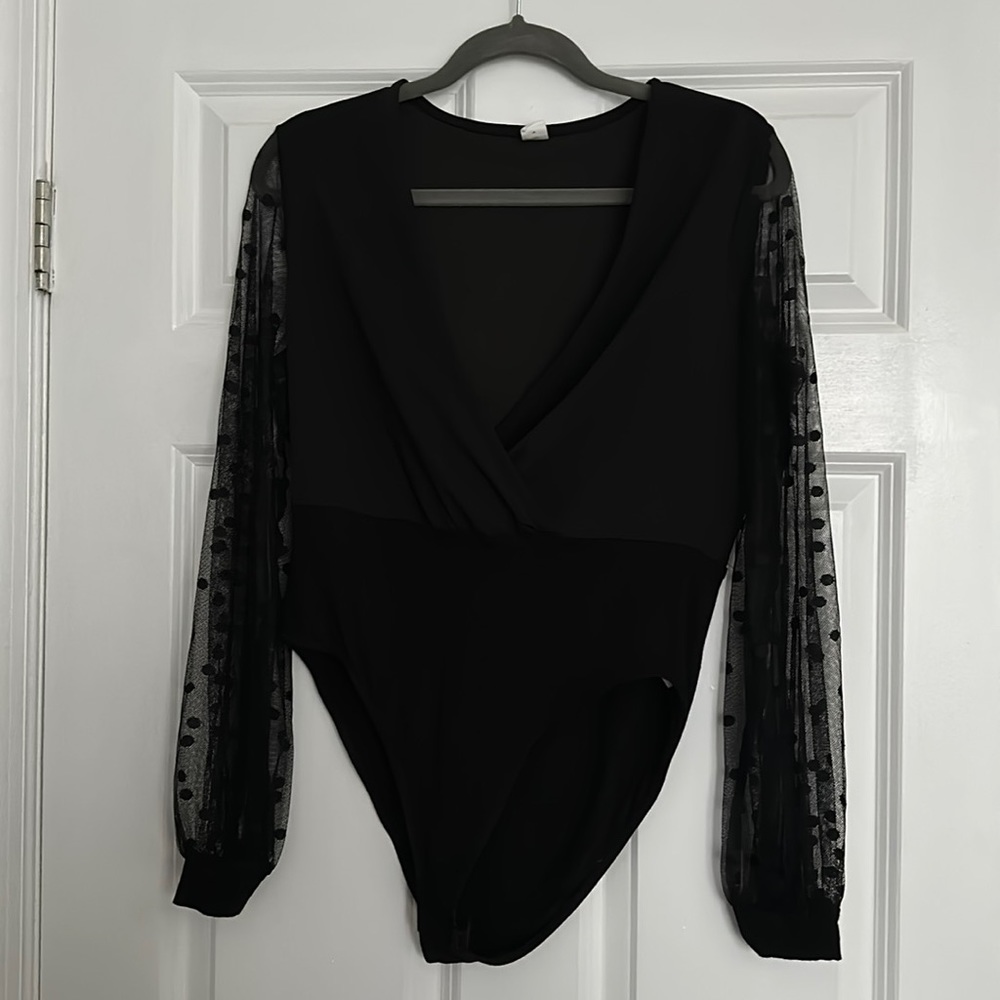 Deep VNeck with Sheer Polka Dot Sleeves Bodysuit